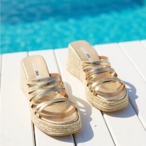 Zara Metallic Gold Wedge Platform Sandals size 39